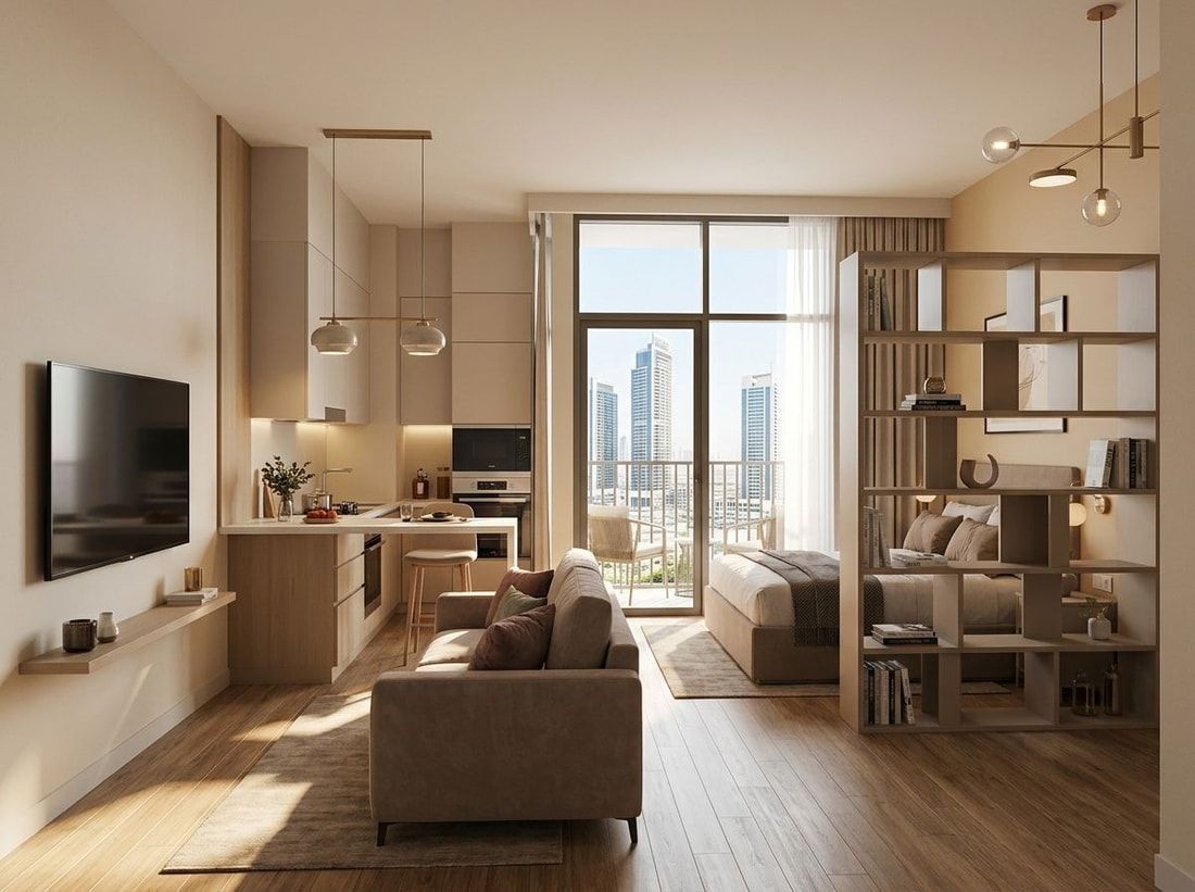 Jasne, kompaktowe wnętrze studia w Bloom Towers