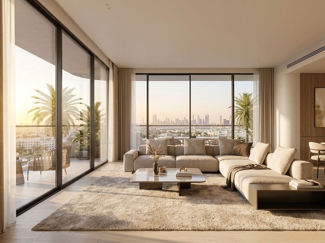Jasny salon apartamentu z dużymi oknami w Evora Residences