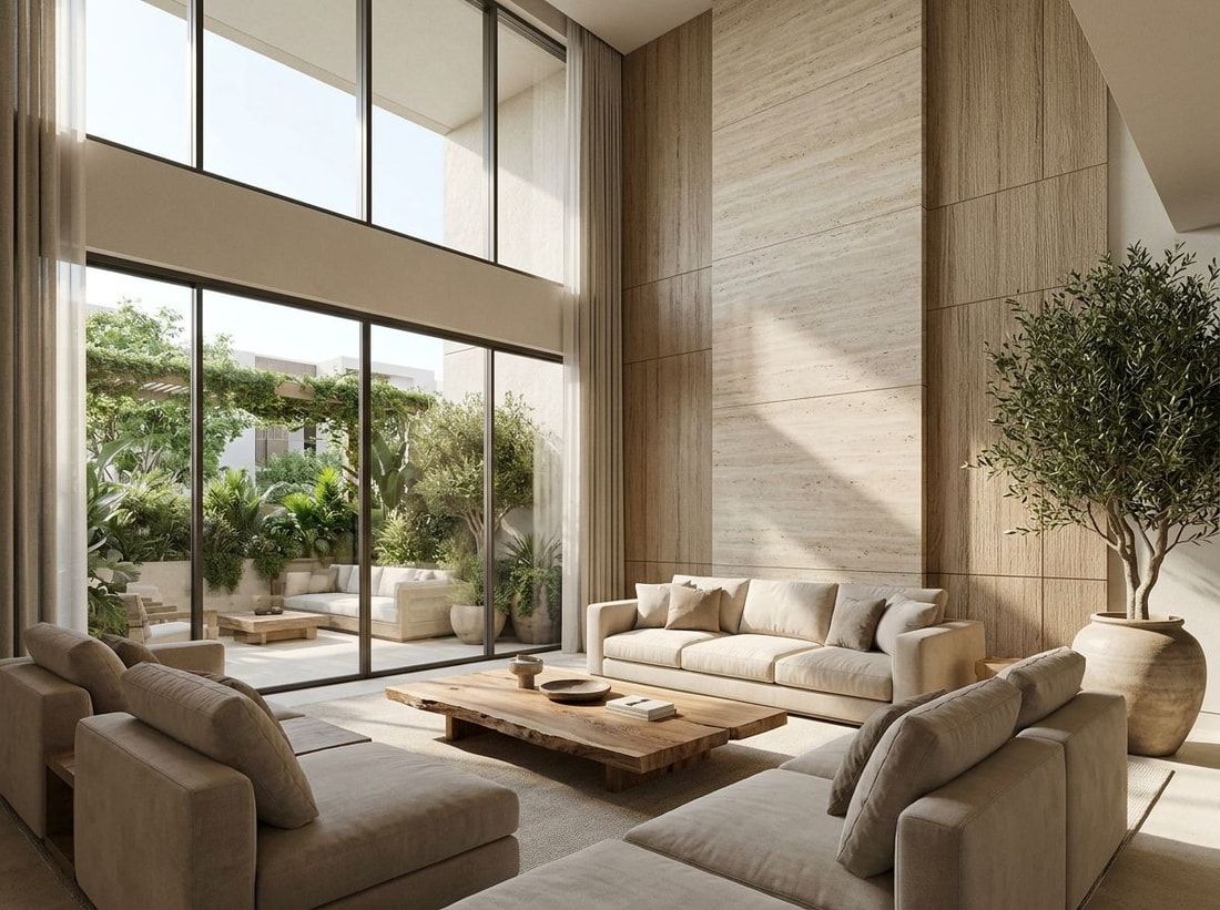 Wyrafinowany, luksusowy salon w ciepłych naturalnych materiałach