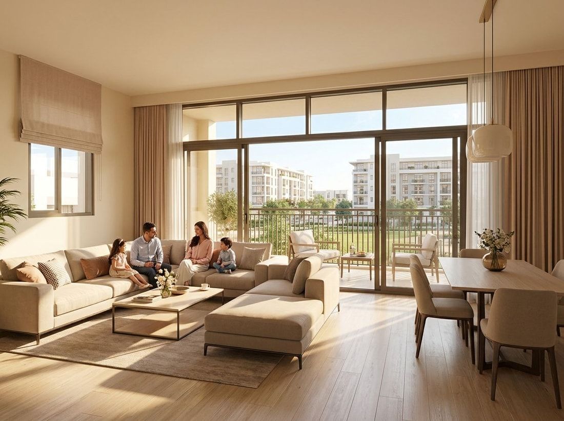 Jasny salon dwupokojowego apartamentu rodzinnego z balkonem