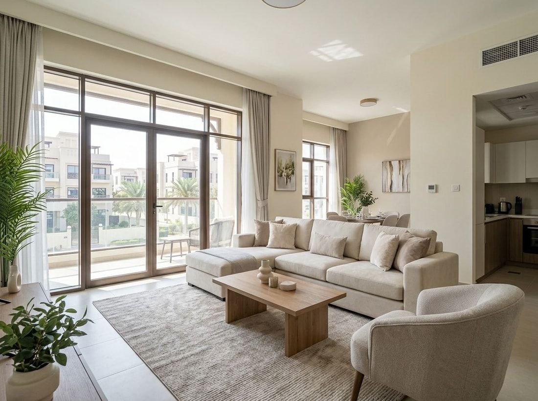 Umeblowany salon apartamentu w neutralnych tonacjach i świetle dziennym
