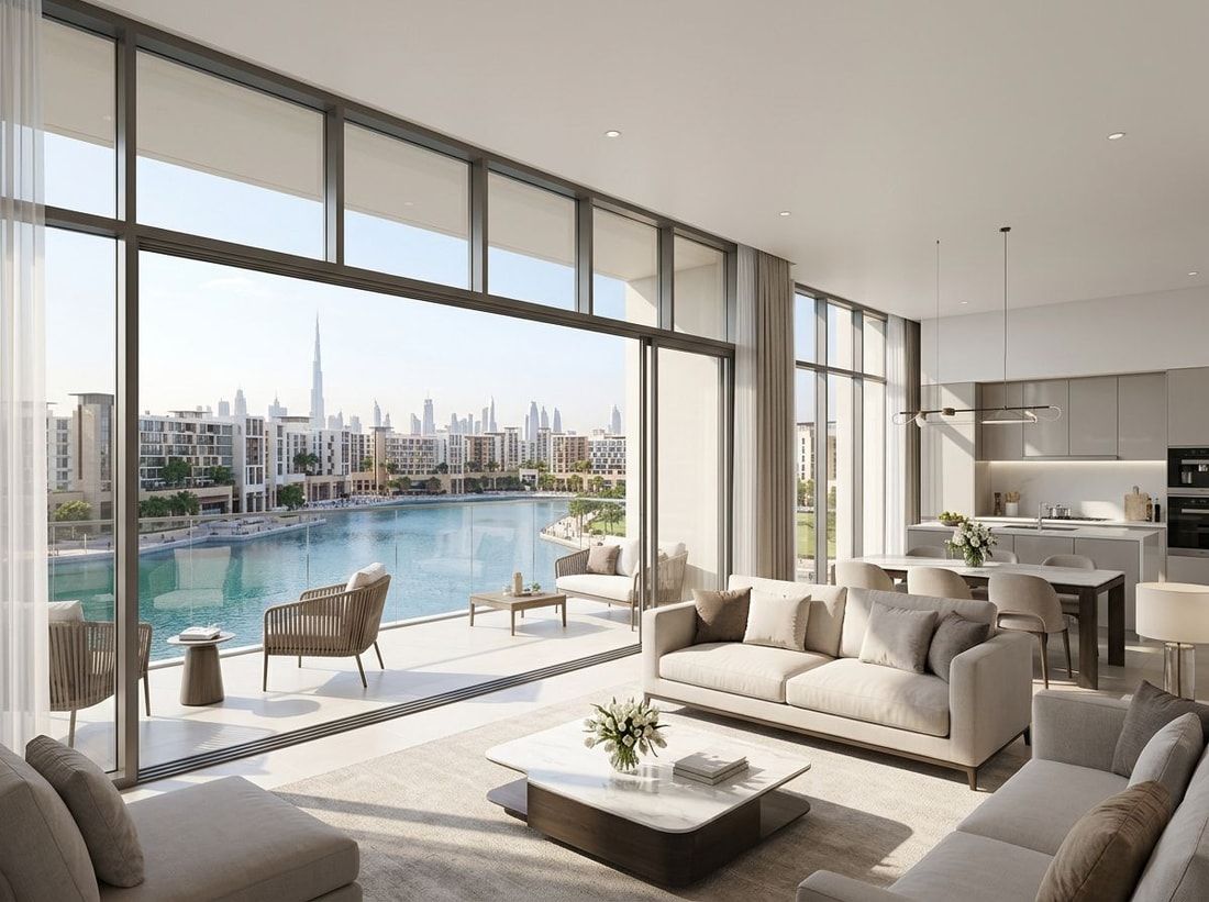 Jasne wnętrze apartamentu z widokiem na Dubai Creek