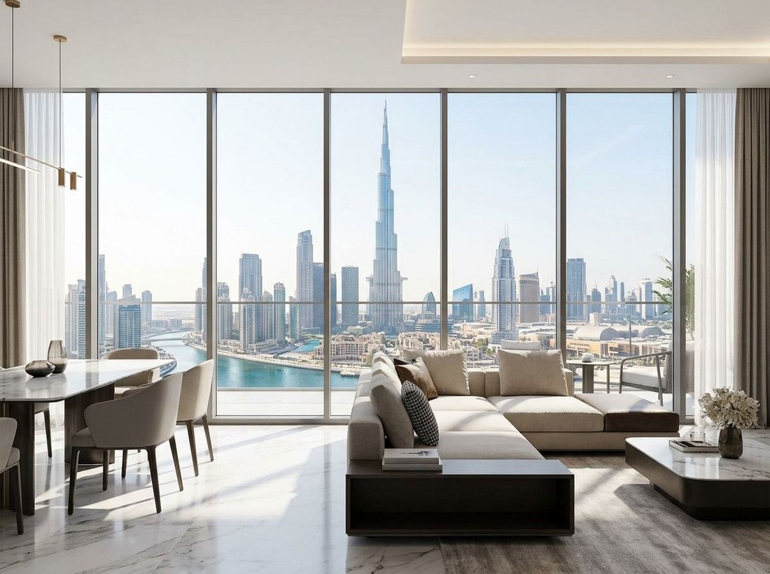 Wnętrze apartamentu Sol Bay z bezpośrednim widokiem na Burj Khalifa