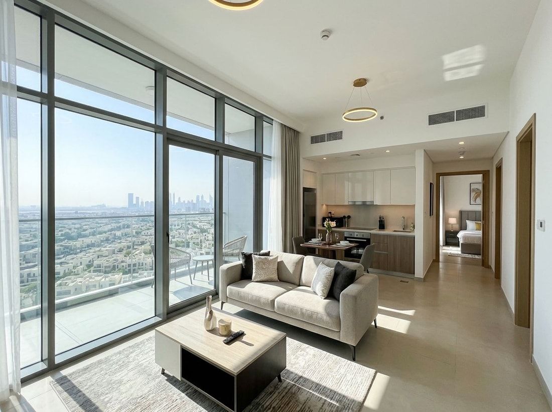 Jasne umeblowane wnętrze apartamentu z balkonem w Regina Tower