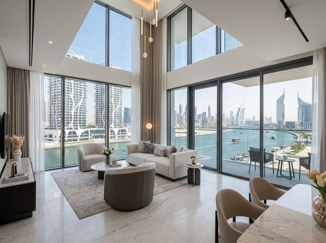 Salon apartamentu z widokiem na kanał i skyline