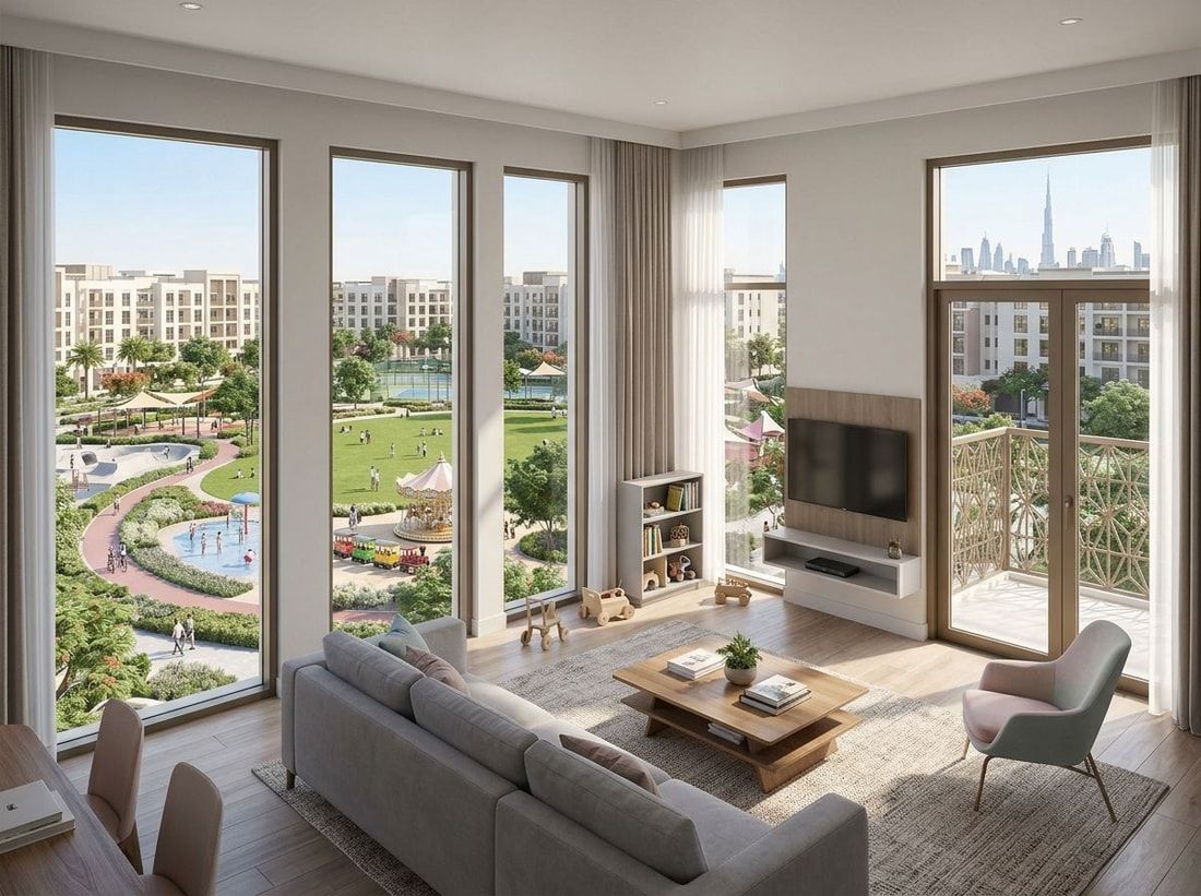 Jasny salon rodzinnego apartamentu z widokiem na park przez duże okna