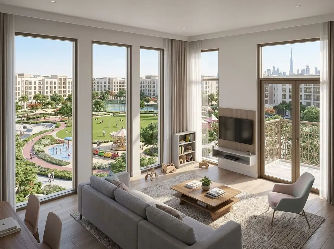 Jasny salon rodzinnego apartamentu z widokiem na park przez duże okna