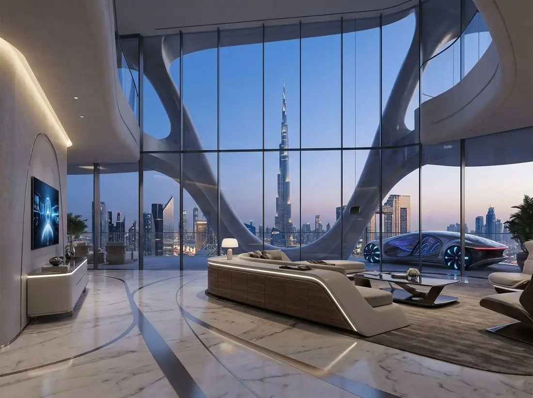 Luksusowe wnętrze apartamentu z widokiem na Burj Khalifa