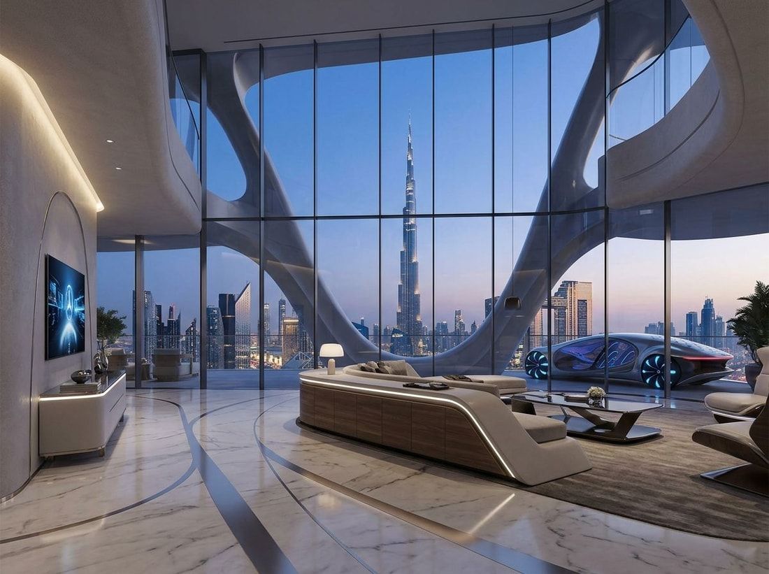 Luksusowe wnętrze apartamentu z widokiem na Burj Khalifa