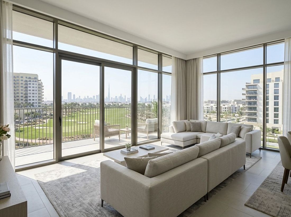 Salon apartamentu z widokiem na pole golfowe