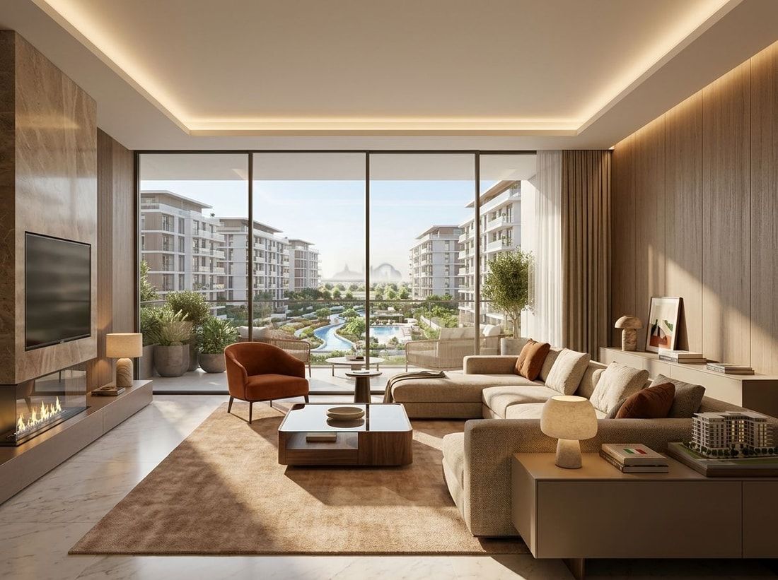 Elegancki salon apartamentu w ciepłym, włoskim stylu