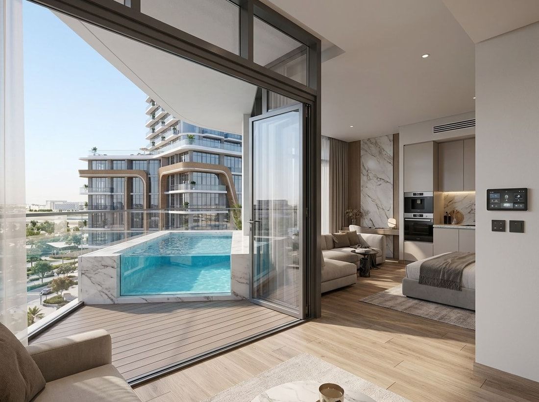 Jasny salon apartamentu w ciepłych tonacjach z widokiem na miasto