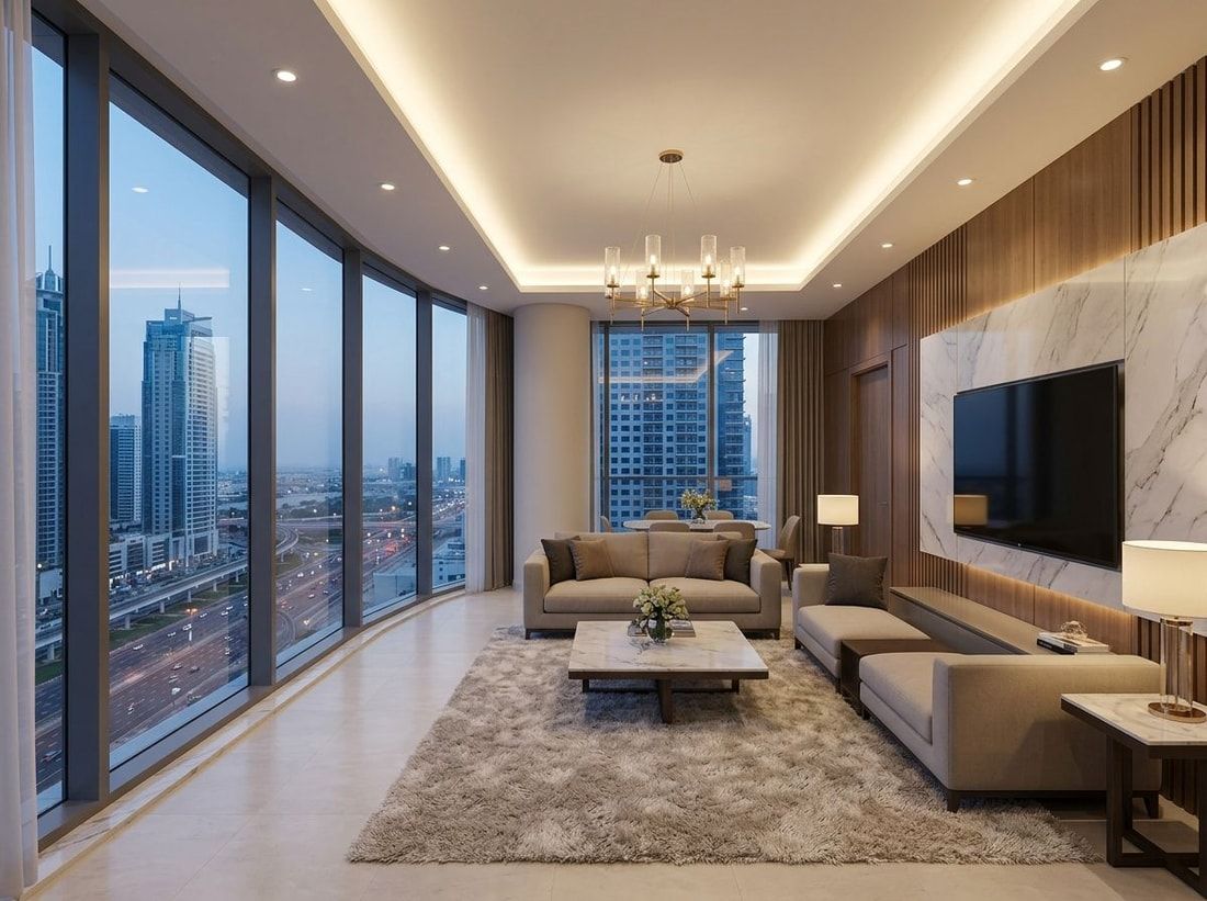 Elegancki salon apartamentu z panoramicznymi oknami