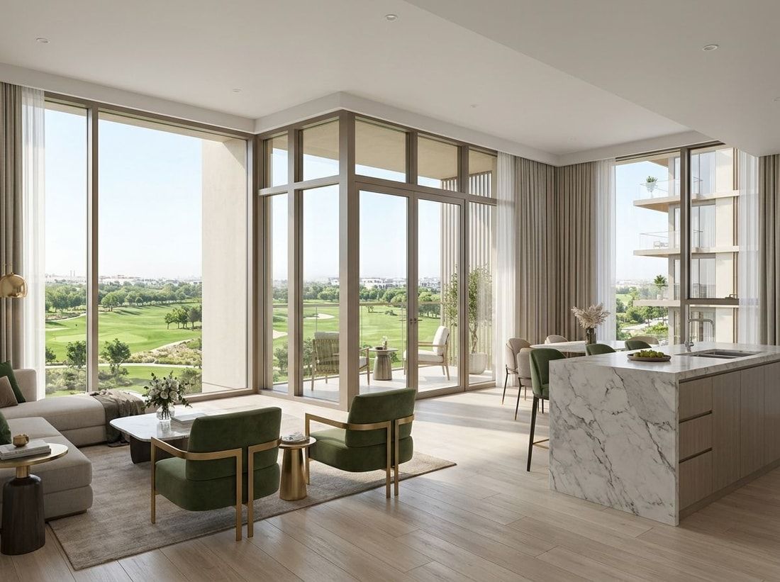 Jasny salon apartamentu z widokiem na zieleń Dubai Hills