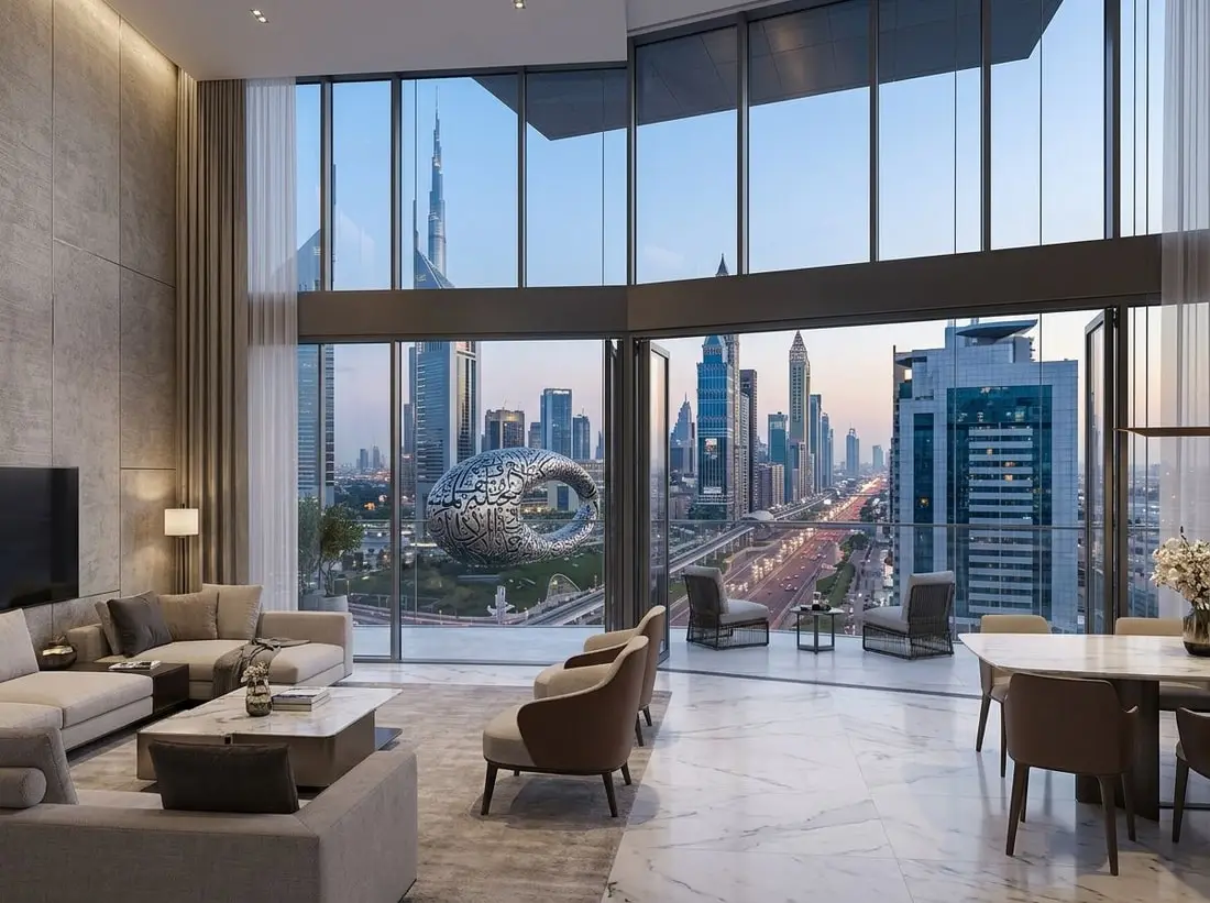 Nowoczesny salon apartamentu z panoramą Dubaju w One Za'abeel