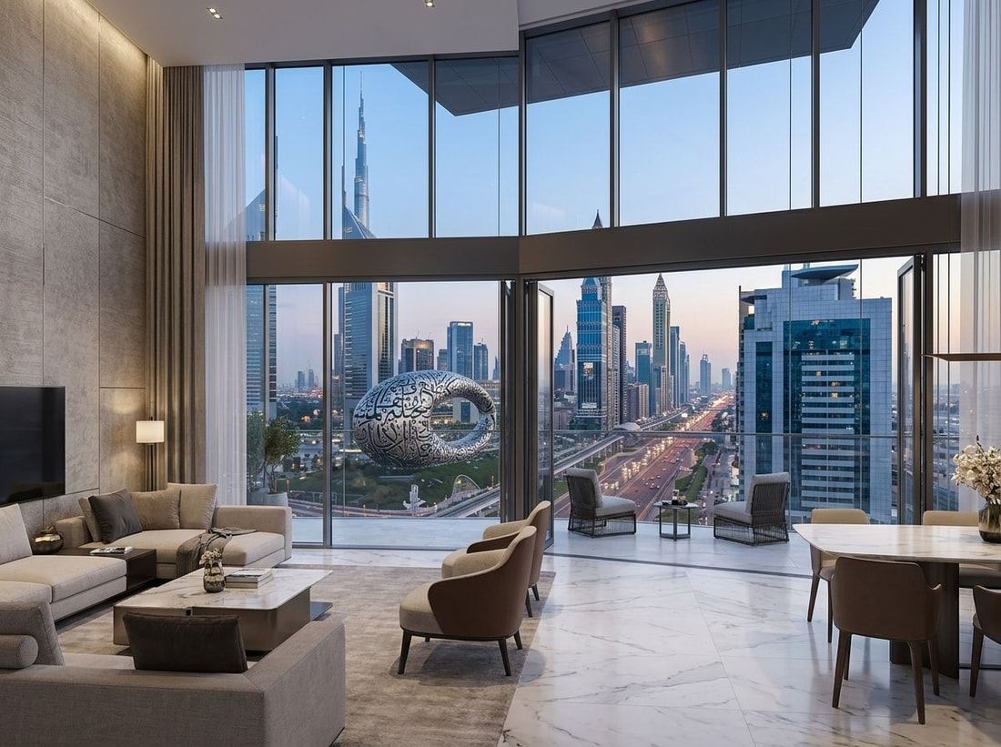 Nowoczesny salon apartamentu z panoramą Dubaju w One Za'abeel