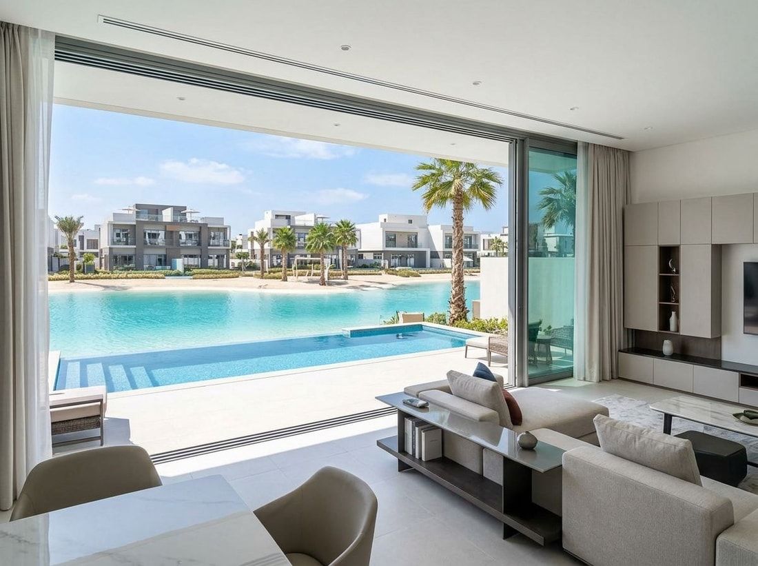 Jasny salon willi z widokiem na lagunę w The Pulse Beachfront