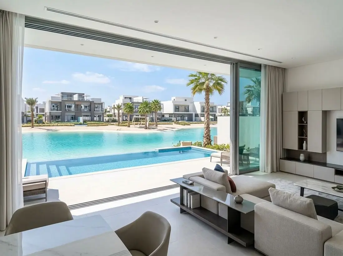 Jasny salon willi z widokiem na lagunę w The Pulse Beachfront