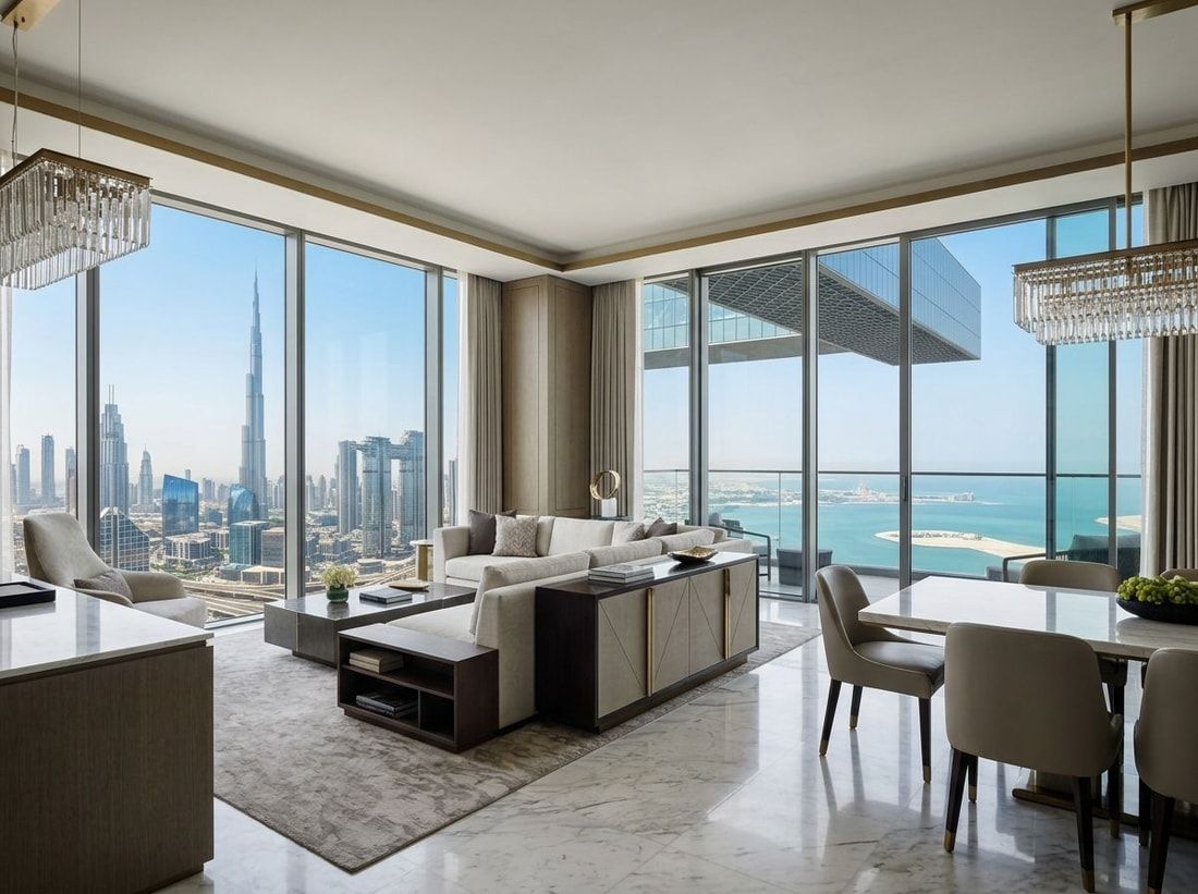 Ultraluksusowe wnętrze rezydencji z panoramą Dubaju za przeszkleniem
