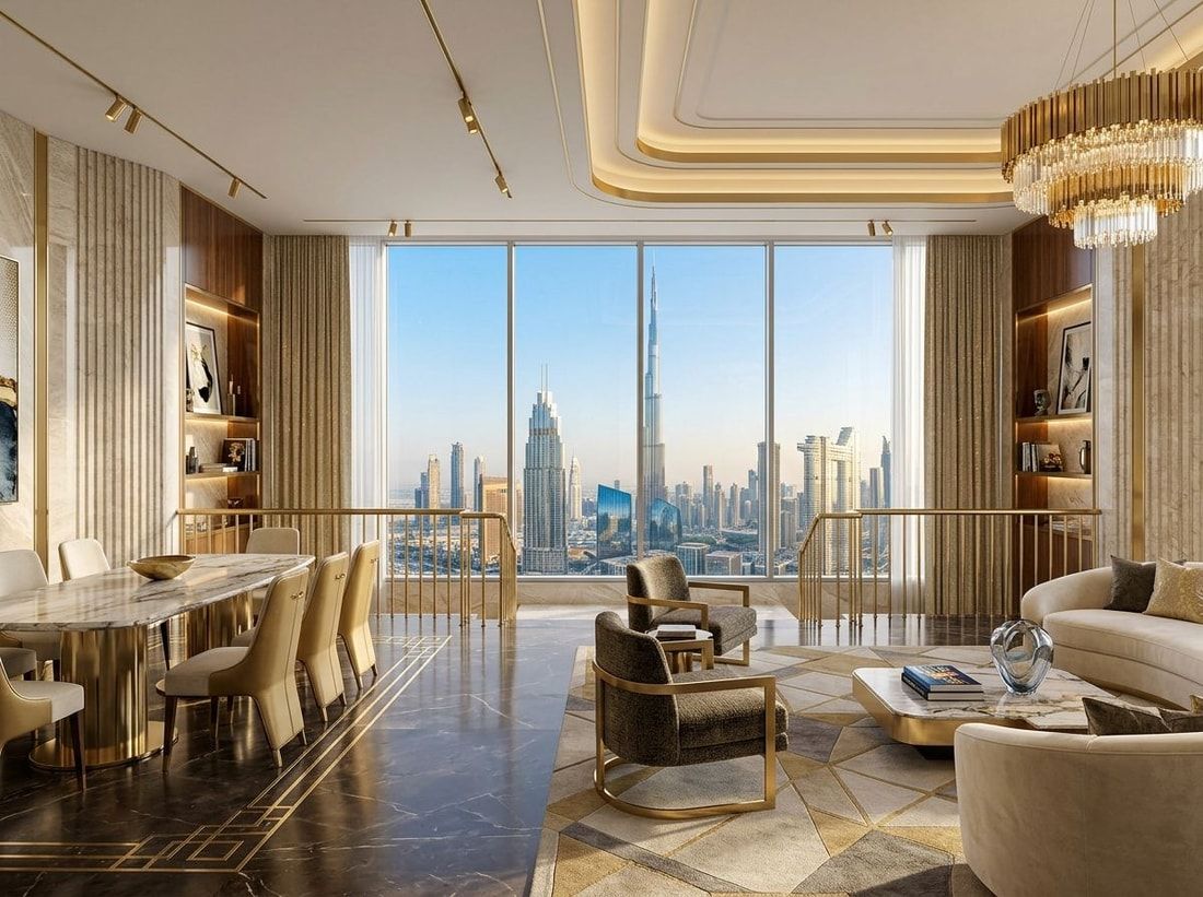 Luksusowe wnętrze rezydencji z panoramą Dubaju