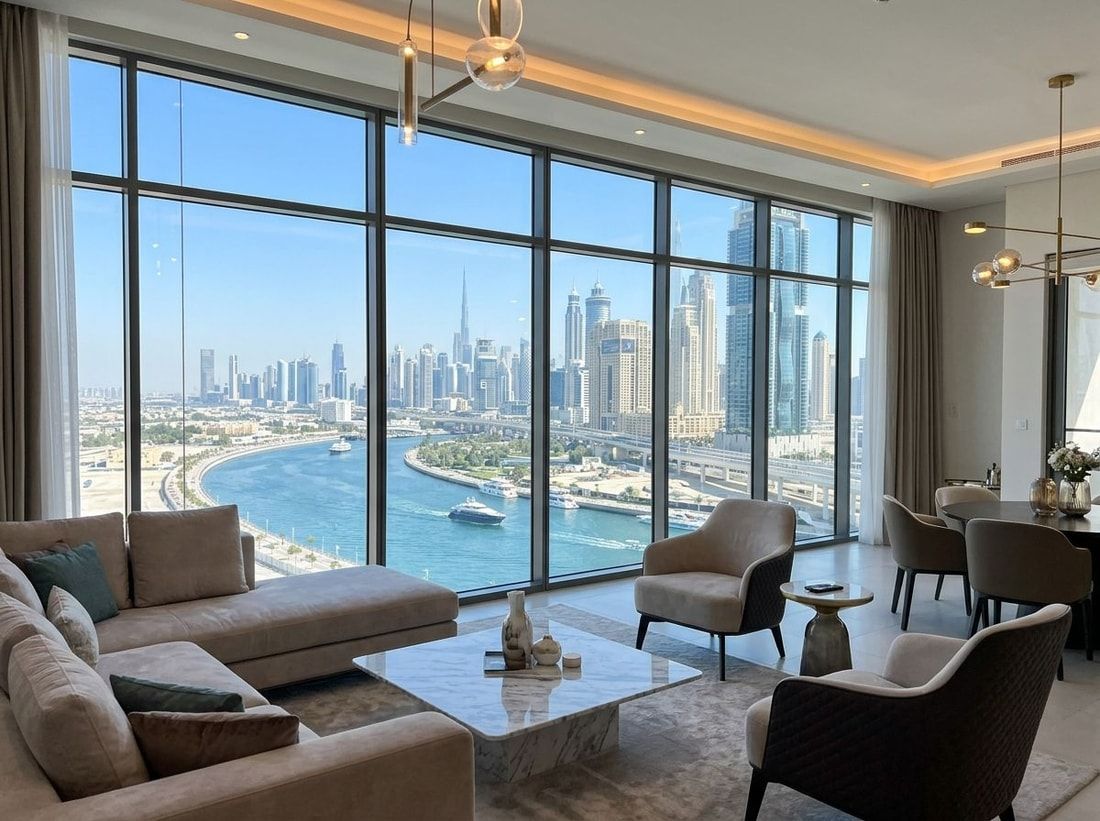 Elegancki salon apartamentu z widokiem na Dubai Water Canal