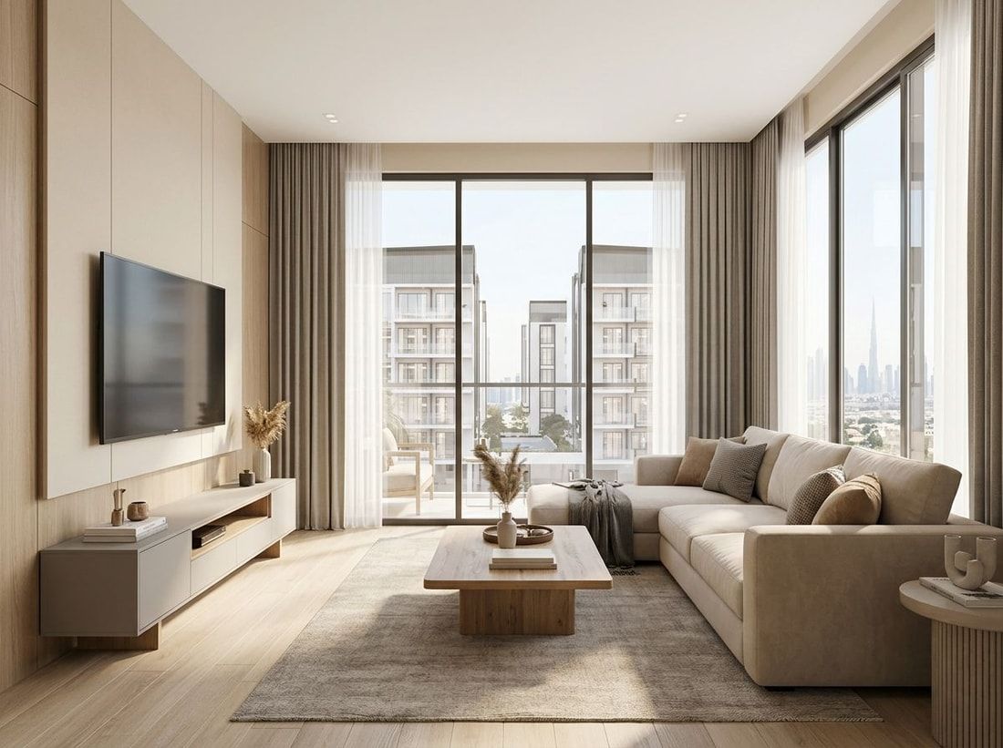 Jasny salon apartamentu w ciepłych, neutralnych tonacjach