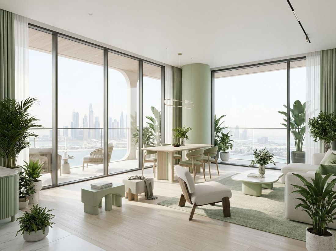 Świeże wnętrze apartamentu z roślinami w Olivia Gardens Residence