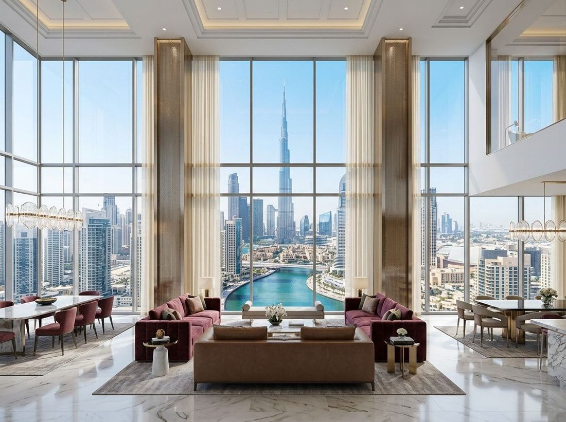 Salon markowej rezydencji z wysokim sufitem i panoramą Burj Khalifa