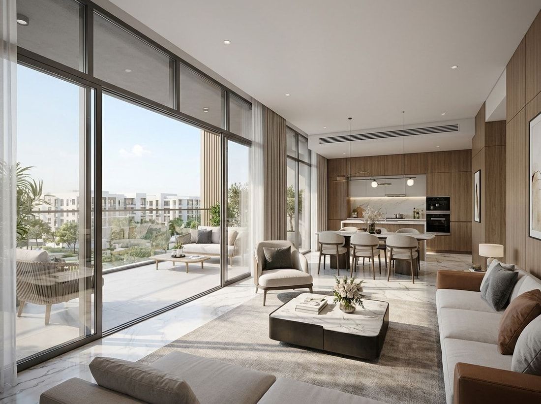 Przestronne wnętrze apartamentu z premium wykończeniami i wyjściem na taras