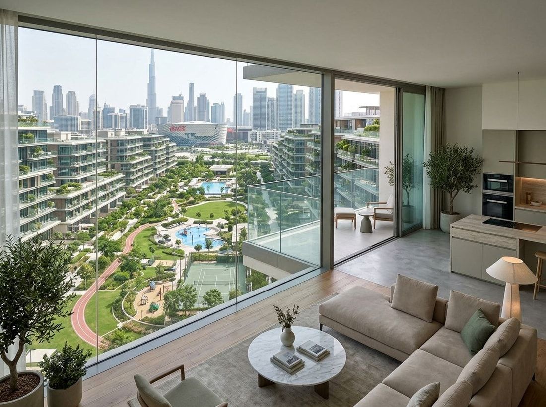 Jasny salon apartamentu z widokiem na zielony park