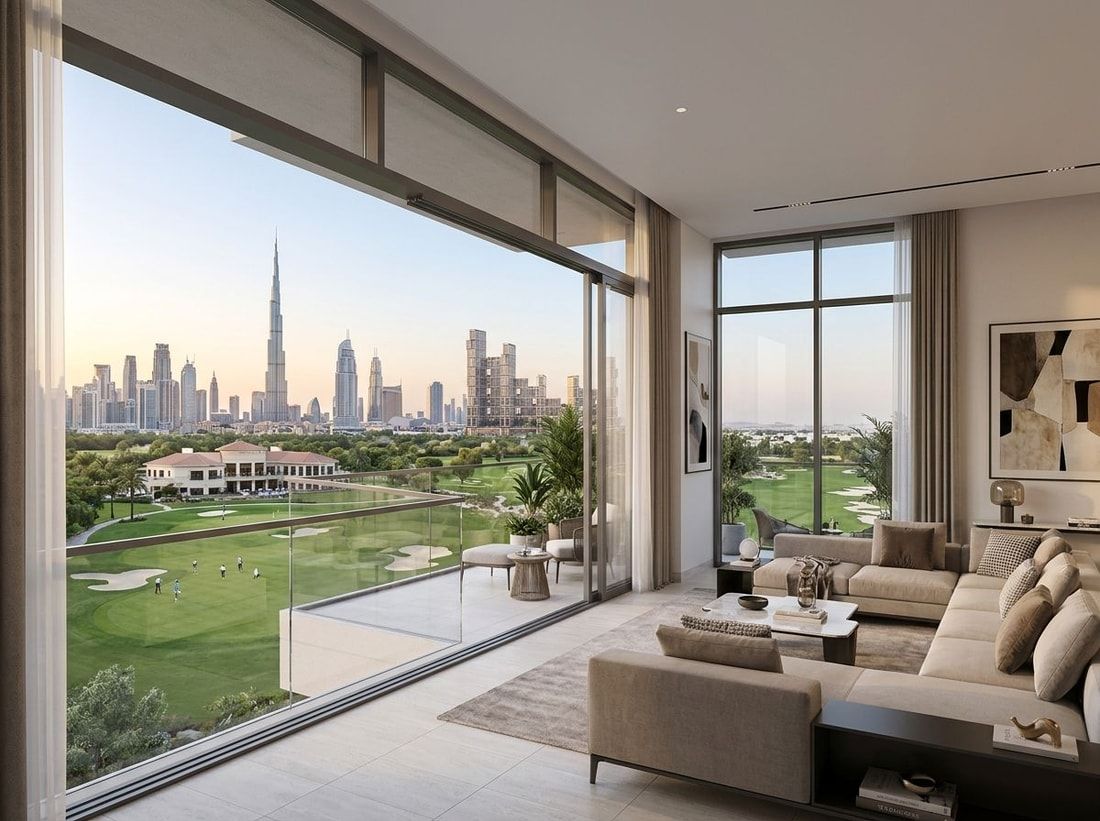Salon apartamentu z widokiem na pole golfowe i skyline