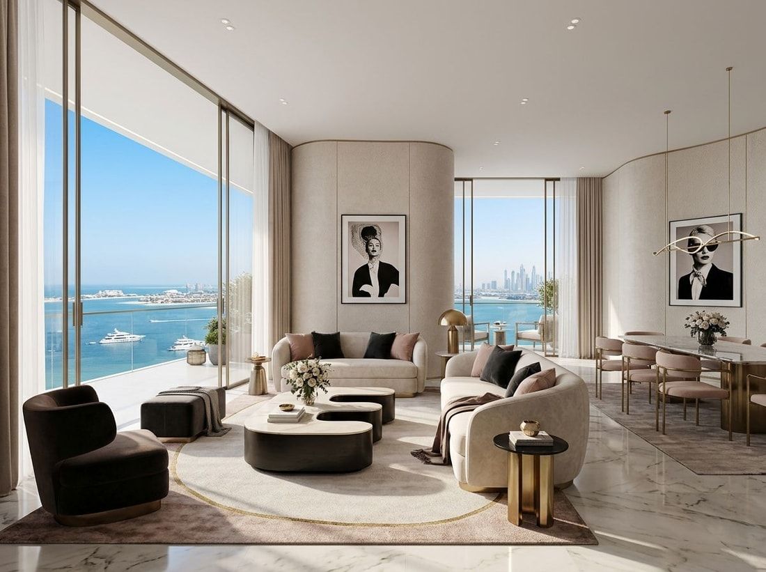 Stylowe wnętrze apartamentu z widokiem na morze w Elle Residences