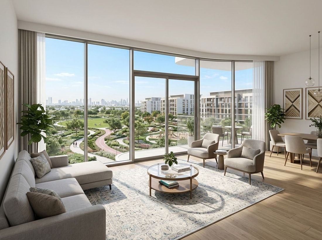 Jasny salon apartamentu z widokiem na park w wasl Gate