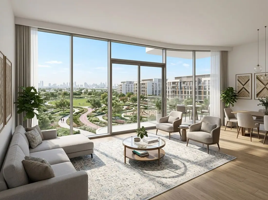 Jasny salon apartamentu z widokiem na park w wasl Gate