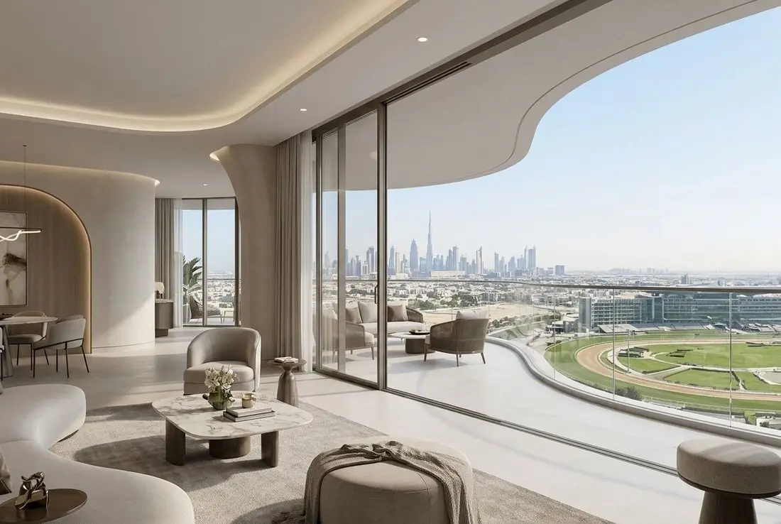 Luksusowy salon apartamentu z głębokim balkonem i panoramą Meydan
