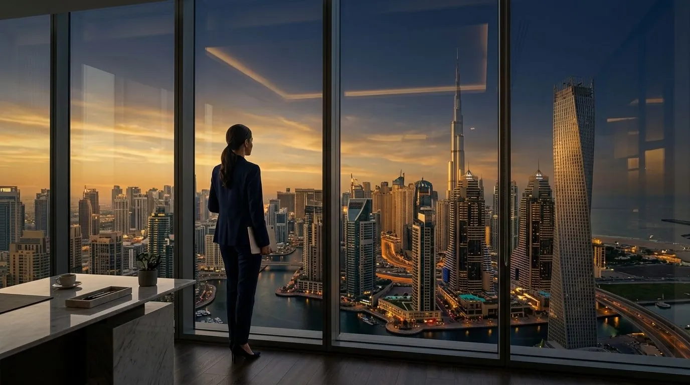 Pewny siebie profesjonalista na tle panoramy Dubaju o zachodzie słońca, nastrój kariery i ambicji
