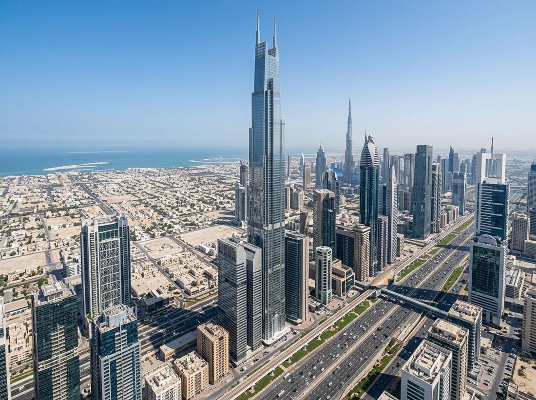 Lotniczy widok wieży Burj Azizi przy Sheikh Zayed Road
