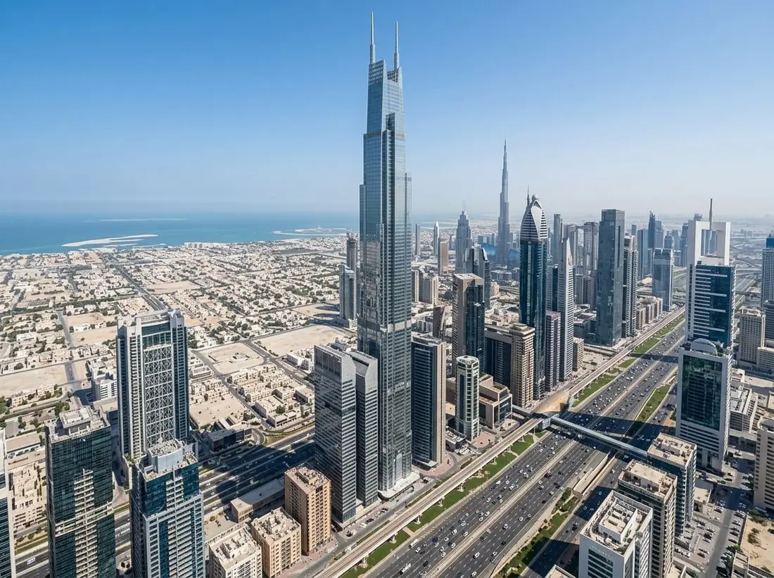 Lotniczy widok wieży Burj Azizi przy Sheikh Zayed Road