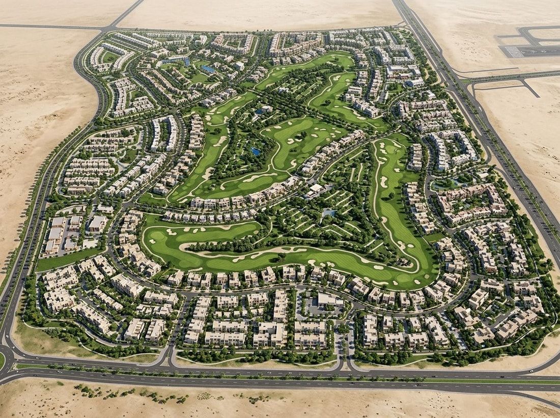 Lotniczy plan Emaar South z polem golfowym, domami i zielenią