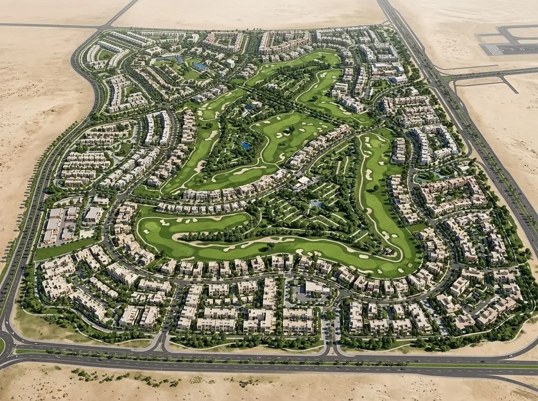 Lotniczy plan Emaar South z polem golfowym, domami i zielenią
