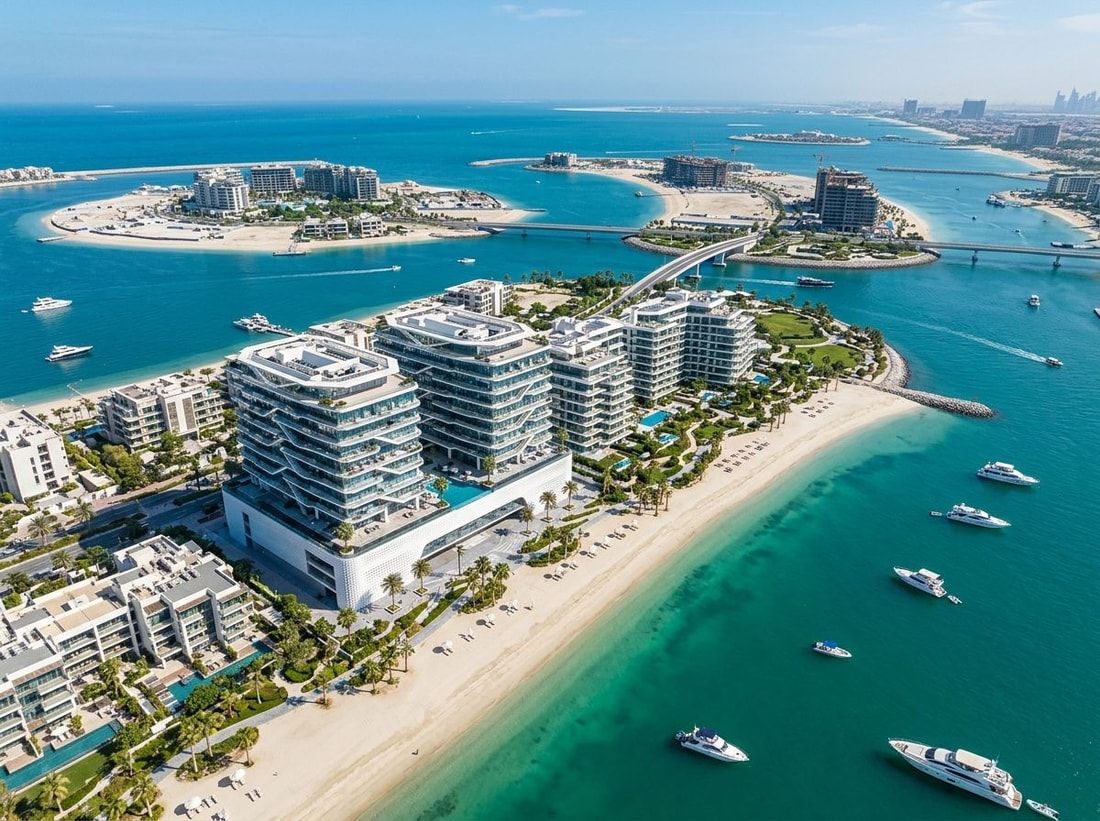 Lotniczy widok Central Island na Dubai Islands z plażami