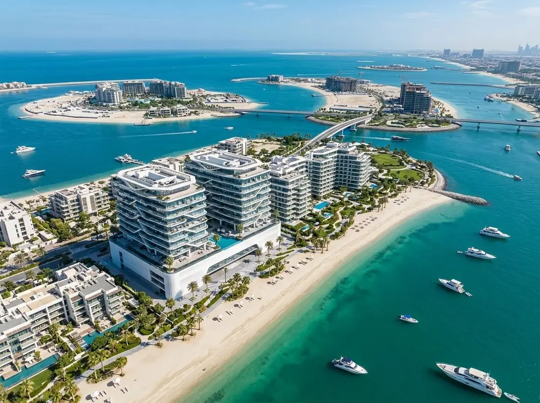 Lotniczy widok Central Island na Dubai Islands z plażami