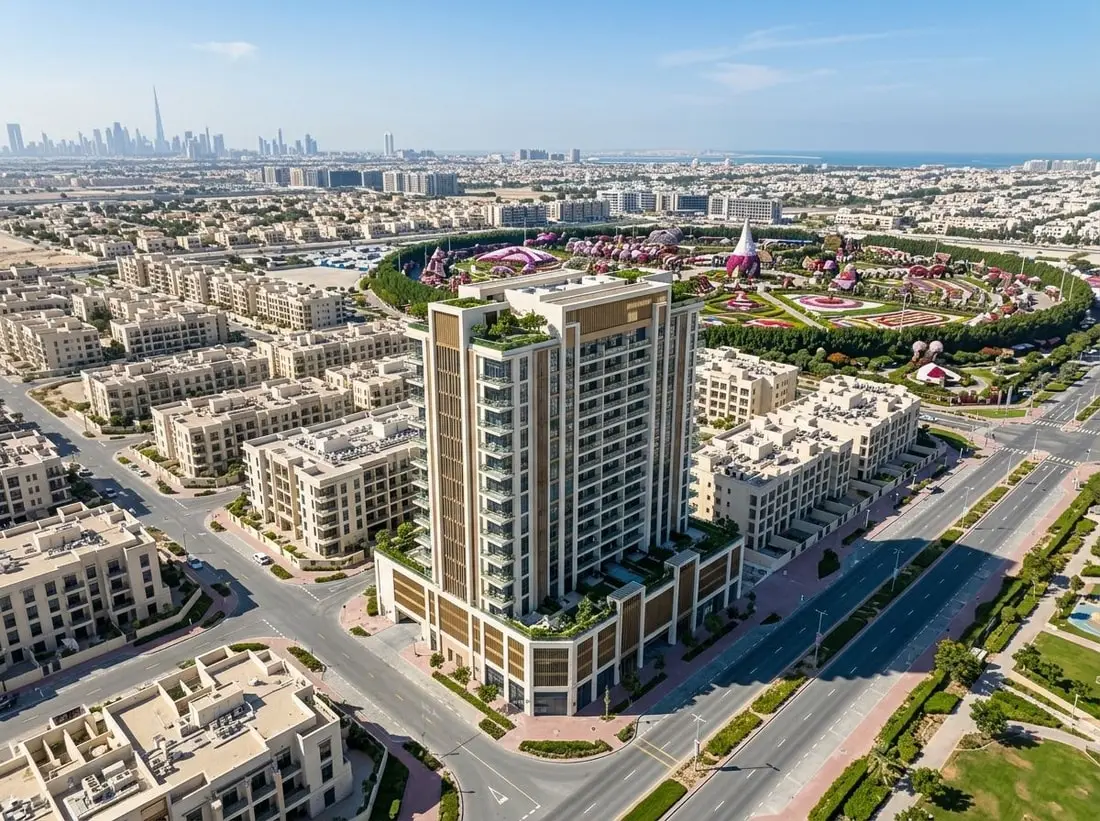 Lotniczy widok wieży Trinity Residences w Arjan przy Miracle Garden