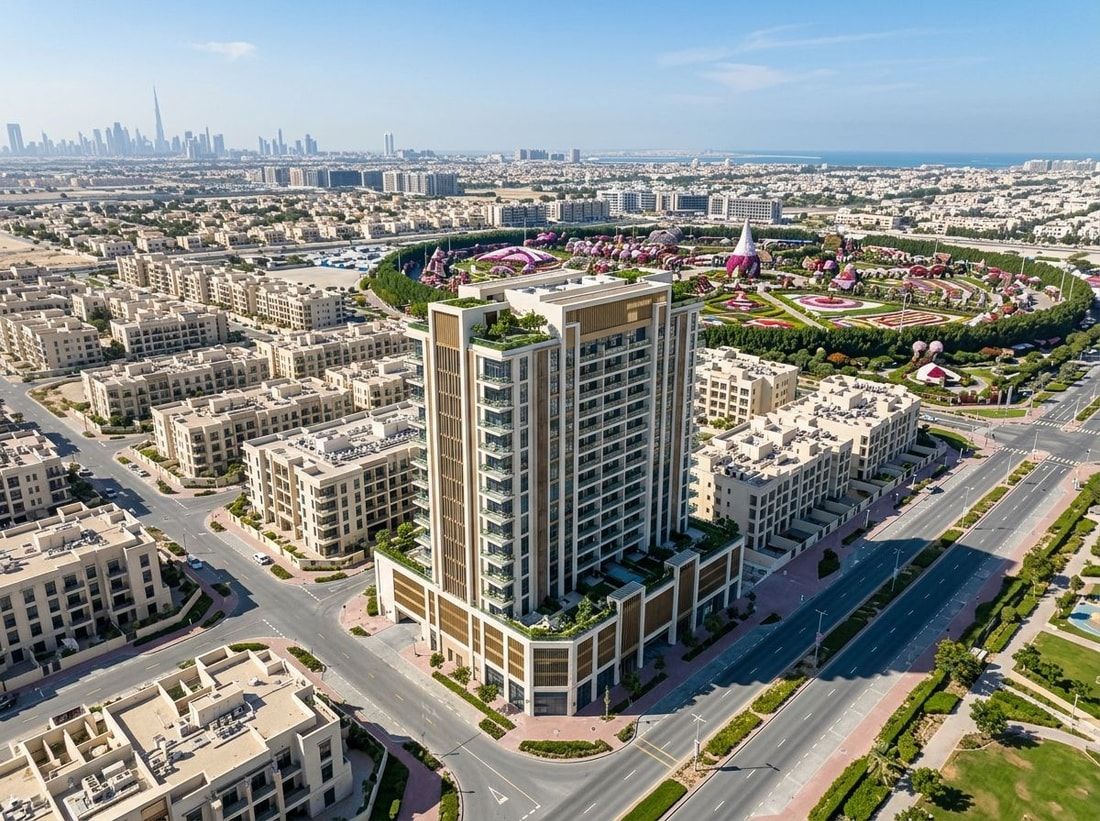 Lotniczy widok wieży Trinity Residences w Arjan przy Miracle Garden