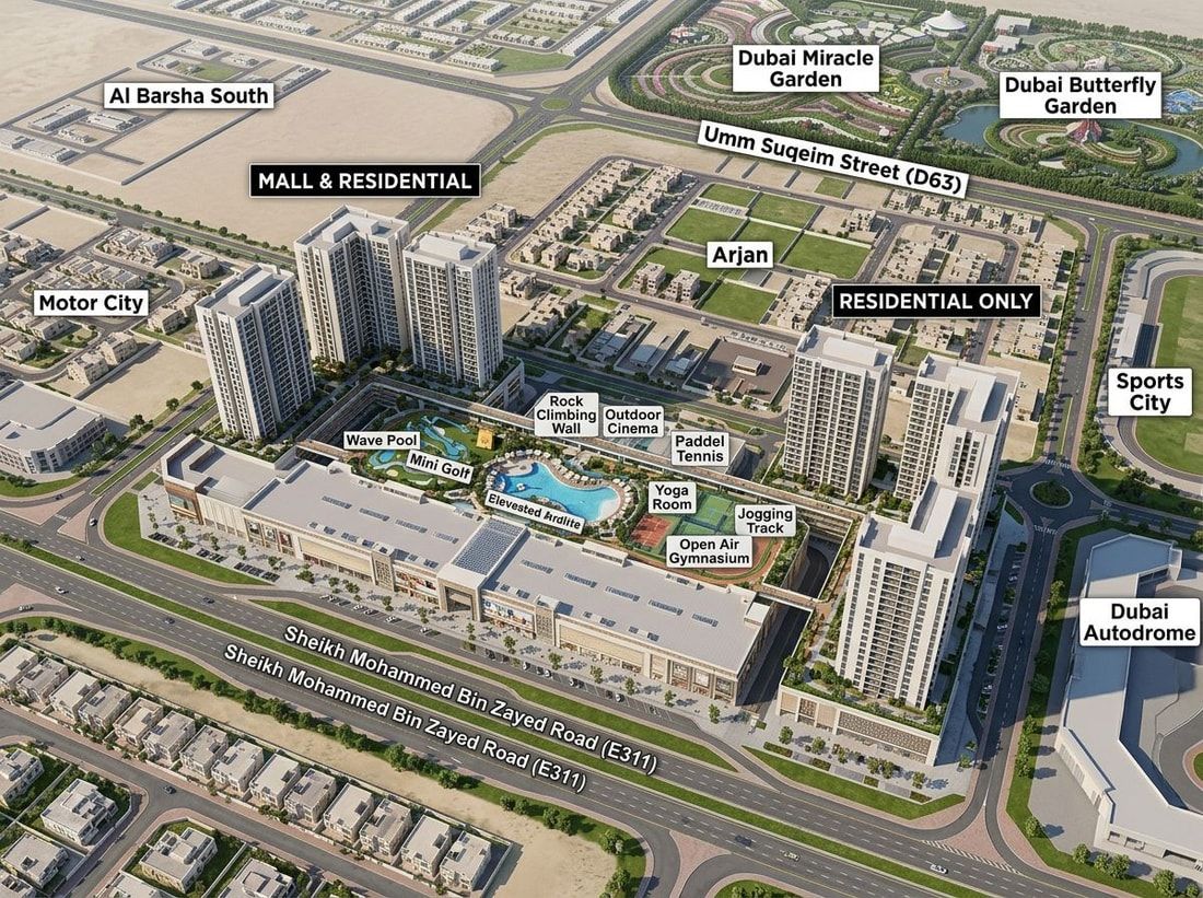 Lotniczy plan społeczności wież mieszkalnych Central Downtown w Arjan