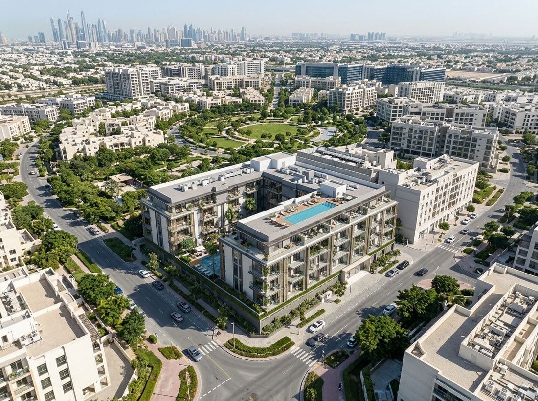 Lotniczy plan Oxford Terraces 2 wśród zieleni JVC