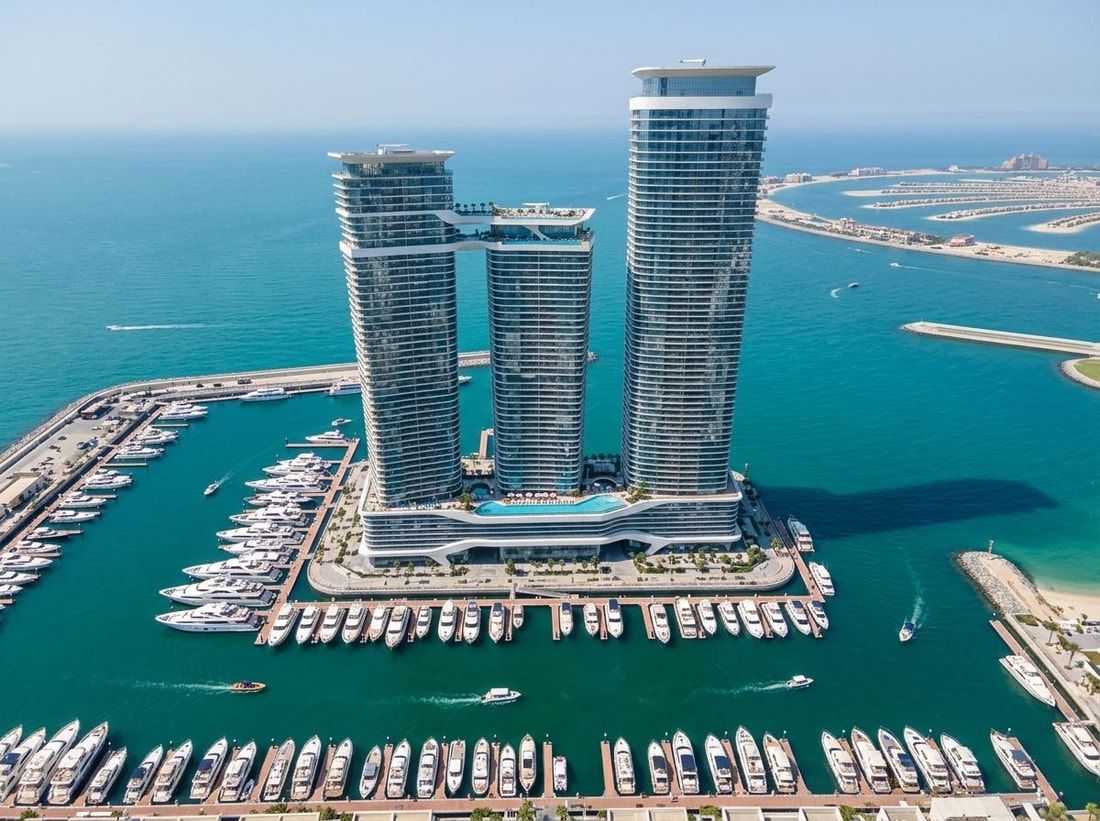 Lotniczy widok wież Sobha SeaHaven w Dubai Harbour z marina i morzem