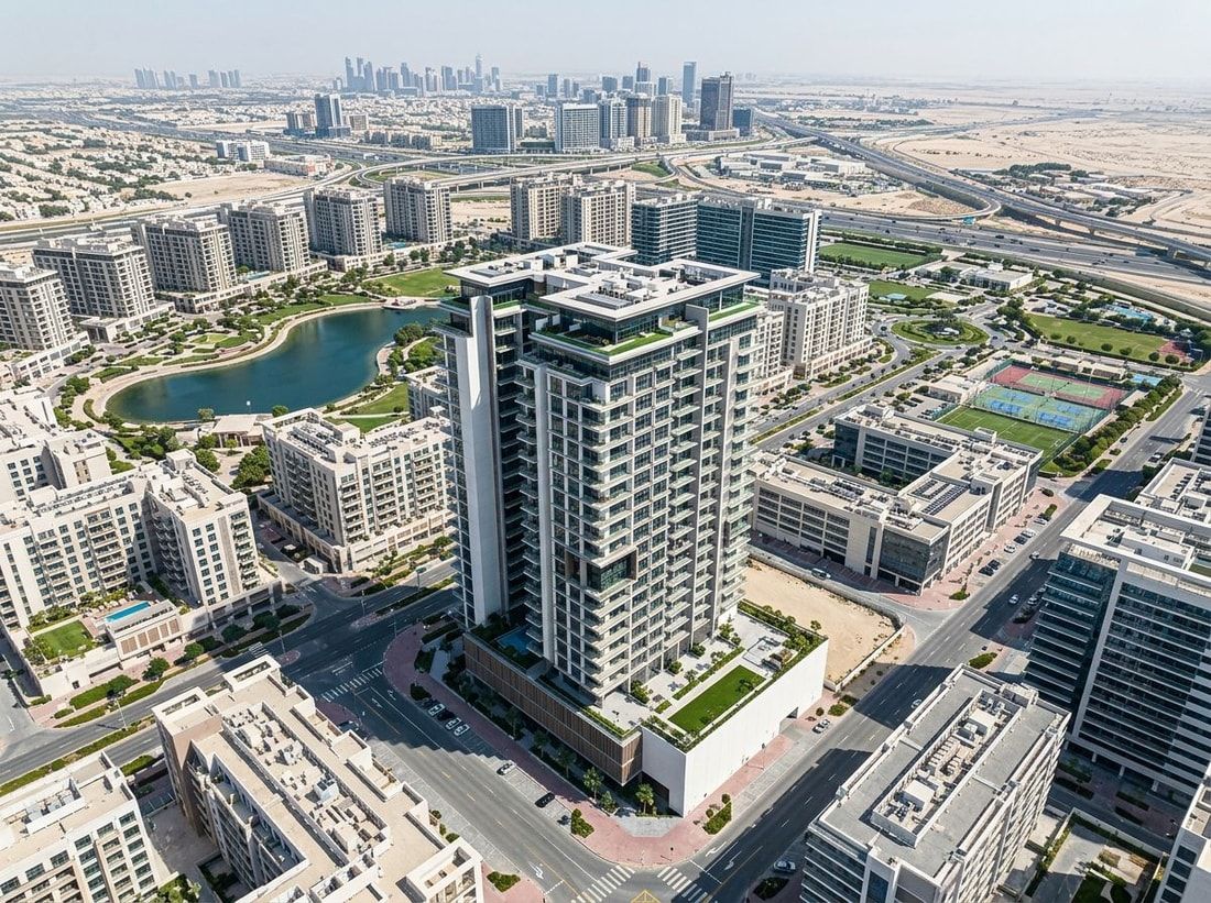 Lotniczy widok Eden by Meraki w Dubai Production City