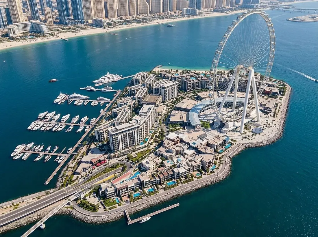 Lotniczy widok Bluewaters Island z Ain Dubai, rezydencjami i marina