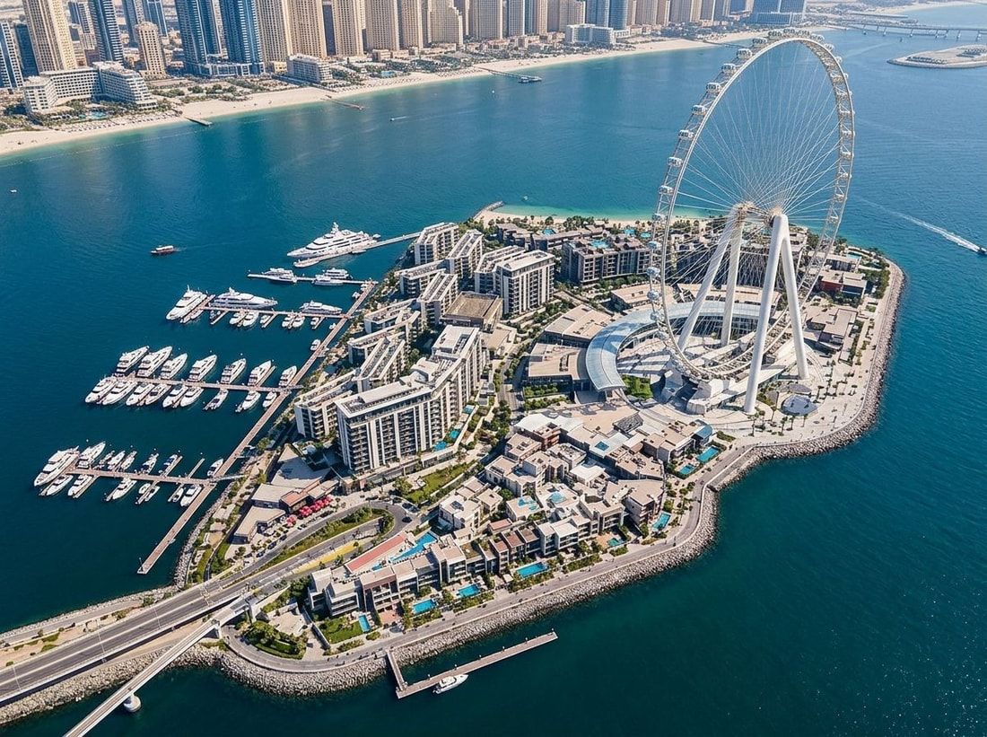 Lotniczy widok Bluewaters Island z Ain Dubai, rezydencjami i marina